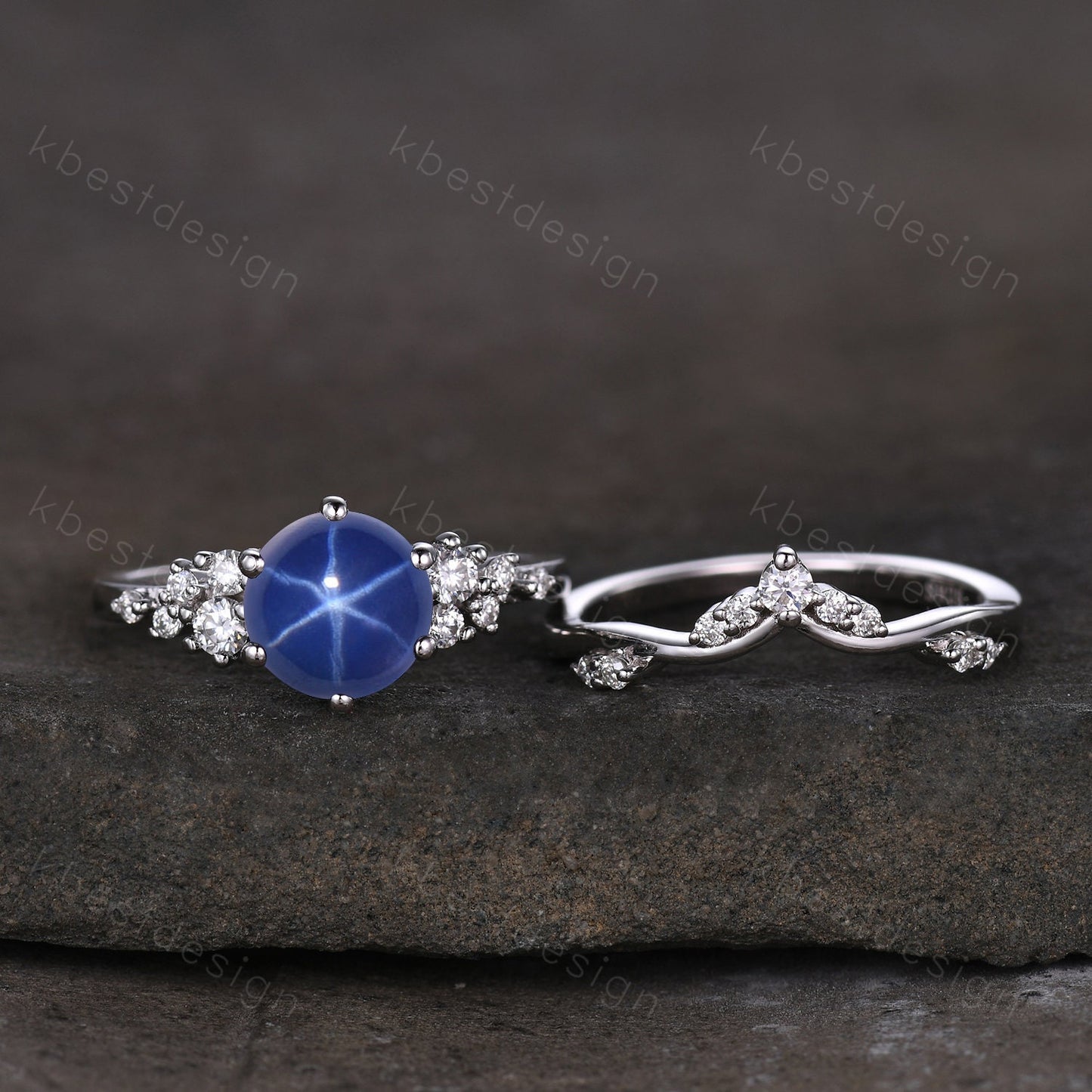 Unique Round Star Sapphire Engagement Ring set Women Sapphire Wedding Ring Cluster Blue Sapphire Ring Bridal Moissanite Wedding Ring