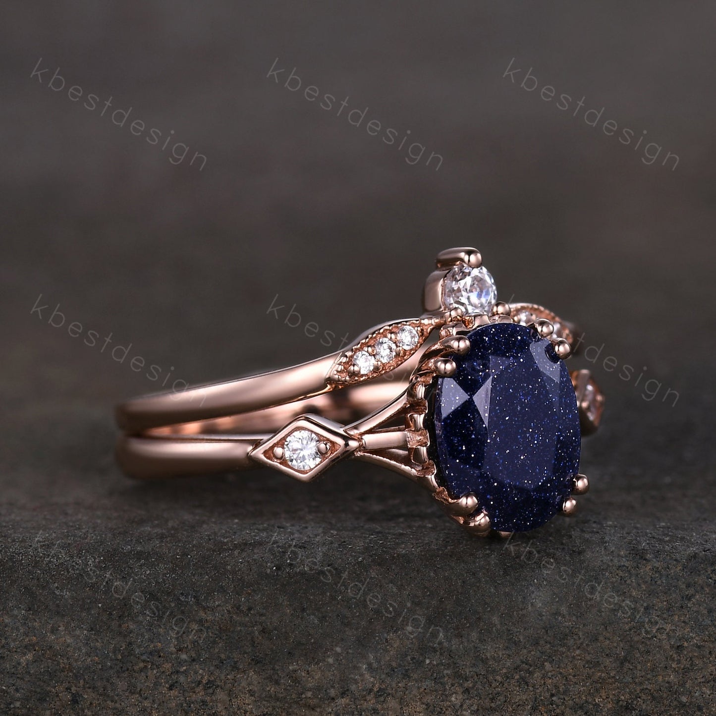 Vintage Blue Sandstone Engagement Ring Set Oval cut Engagement Ring Unique Art Deco Moissanite Stacking Matching Band Bridal Promise Set