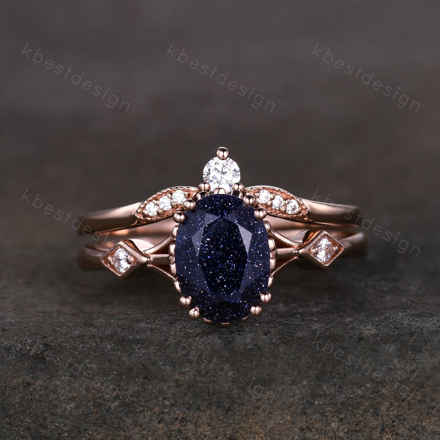 Vintage Blue Sandstone Engagement Ring Set Oval cut Engagement Ring Unique Art Deco Moissanite Stacking Matching Band Bridal Promise Set
