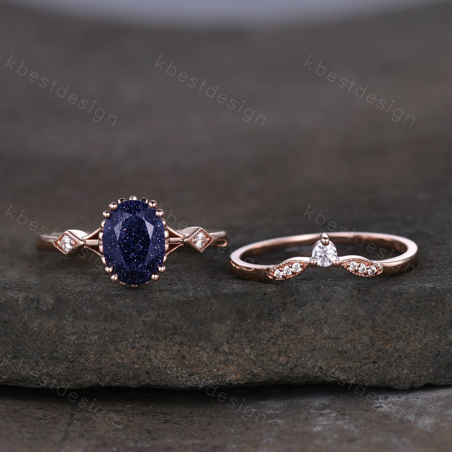 Vintage Blue Sandstone Engagement Ring Set Oval cut Engagement Ring Unique Art Deco Moissanite Stacking Matching Band Bridal Promise Set