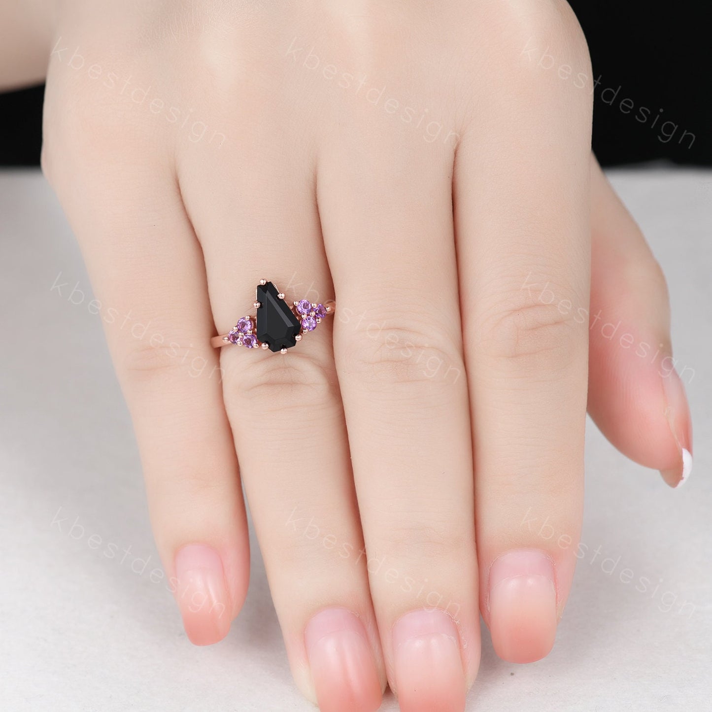 Black Onyx Engagement Ring Rose gold ring Vintage coffin shaped ring Unique Amethyst cluster wedding ring Promise anniversary ring
