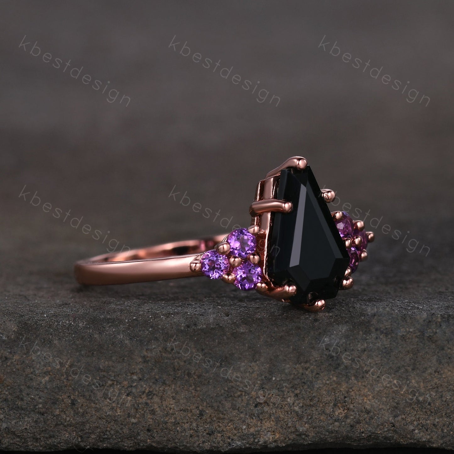 Black Onyx Engagement Ring Rose gold ring Vintage coffin shaped ring Unique Amethyst cluster wedding ring Promise anniversary ring