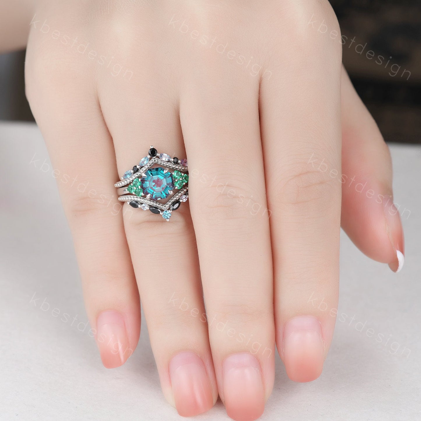 Antique Alexandrite Engagement Ring Set Asscher cut Engagement Ring Unique Art Deco Black Spinel Stacking Matching Band Bridal Promise Set
