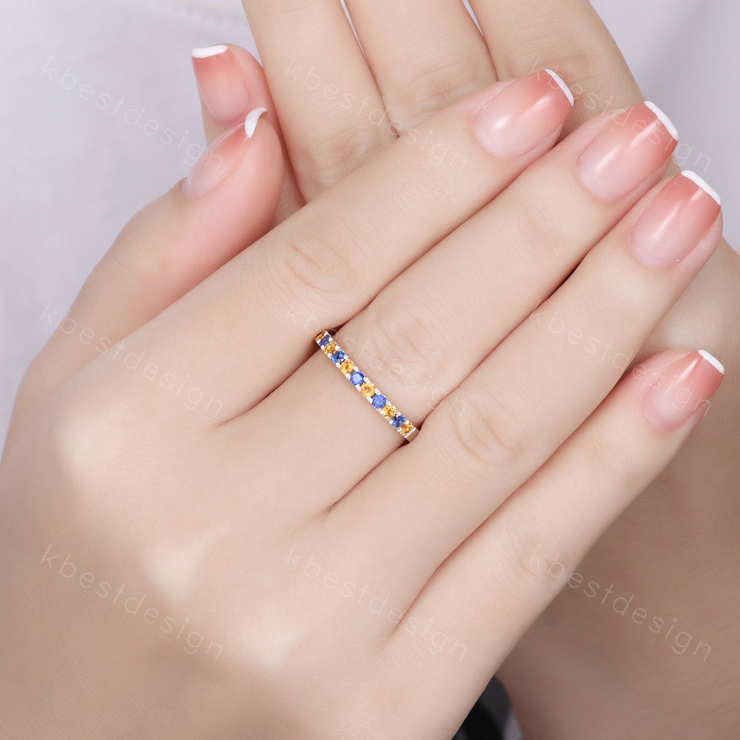 2mm Sapphire and Citrine Ring, Half Eternity Sapphire Wedding Band, Silver Citrine Wedding Ring, Unique Stacking Matching Band, Aniversary