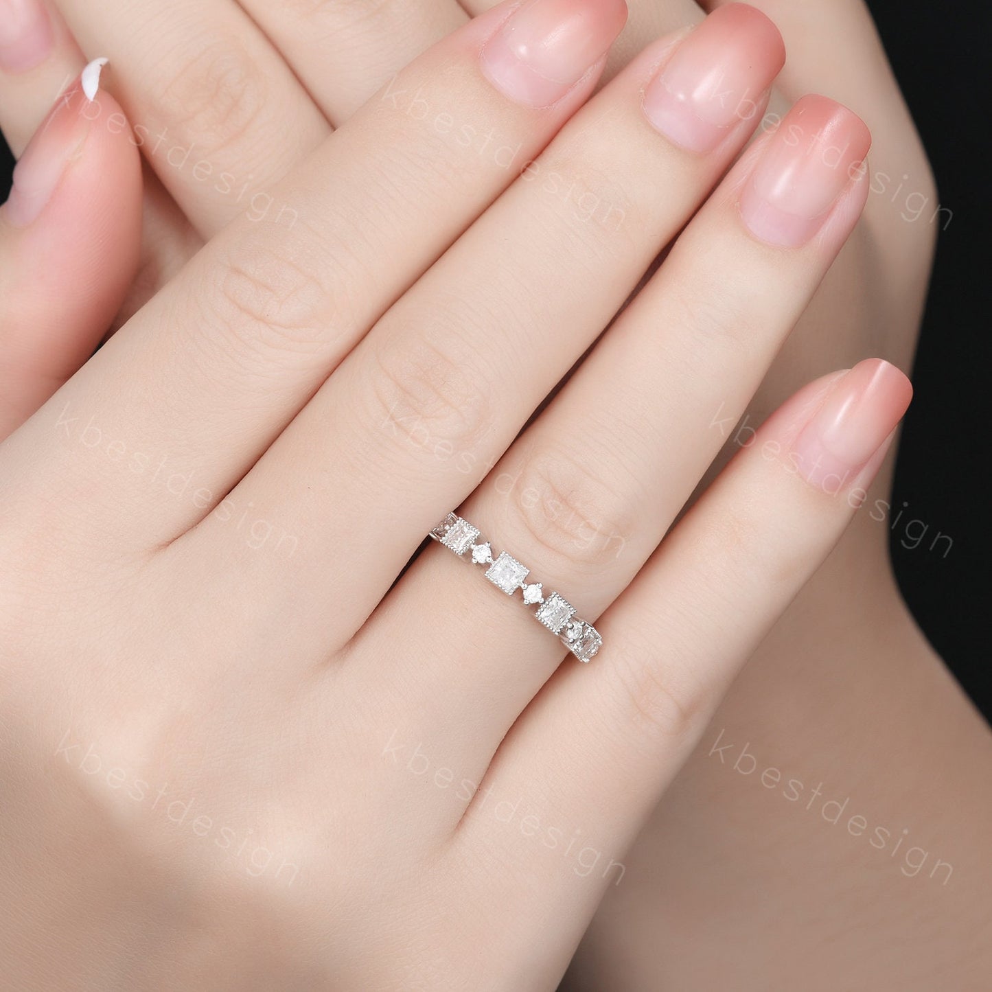Princess cut Moissanite Wedding Band Unique Half Eternity Stacking Band Silver Moissanite Ring Women Matching Band Promise Anniversary Ring