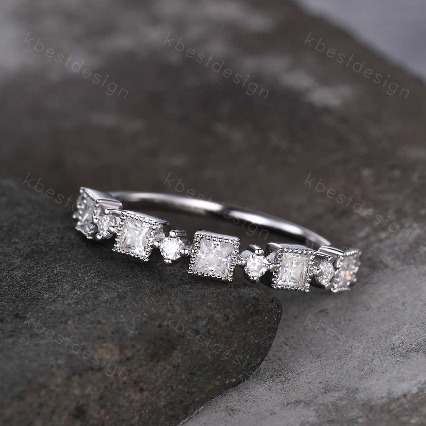 Princess cut Moissanite Wedding Band Unique Half Eternity Stacking Band Silver Moissanite Ring Women Matching Band Promise Anniversary Ring
