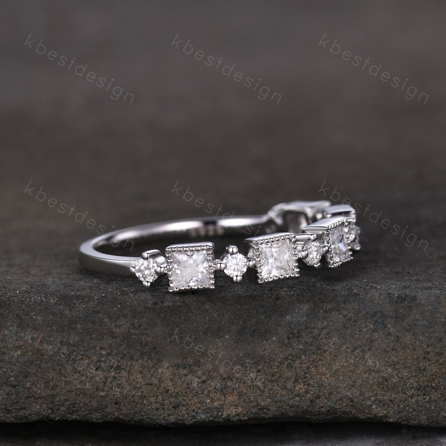 Princess cut Moissanite Wedding Band Unique Half Eternity Stacking Band Silver Moissanite Ring Women Matching Band Promise Anniversary Ring