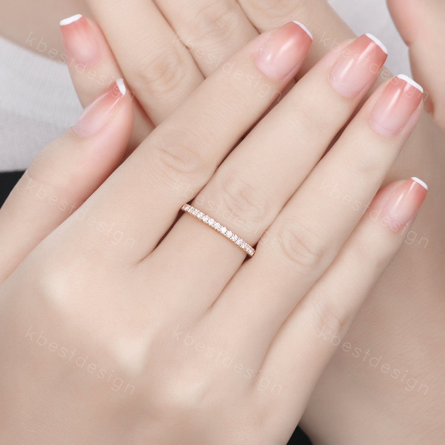 1.5mm Pink Morganite Wedding Band Delicate Rose Gold Eternity Band Mirco Pave Band for Women Minimalist Bridal Matching Stackable band