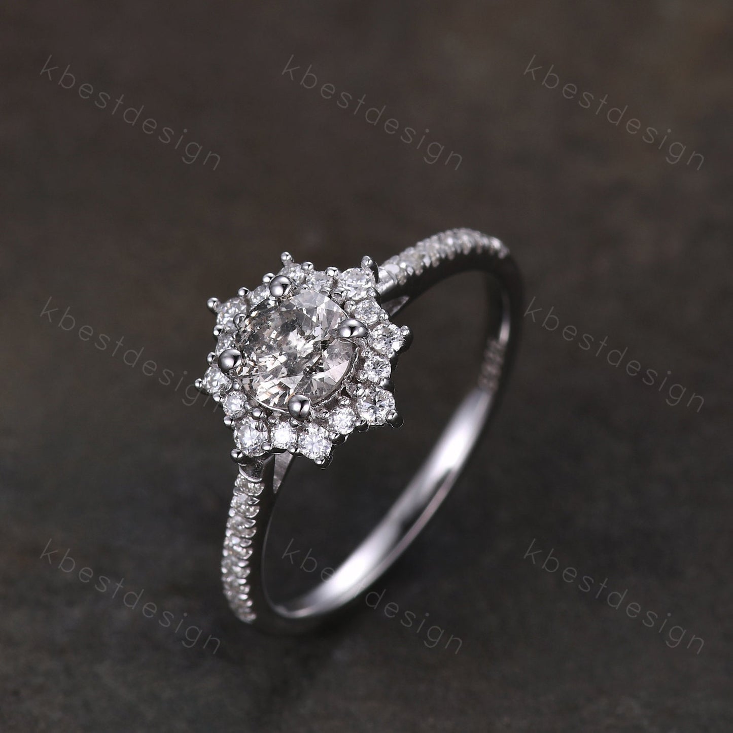 Dainty Salt and pepper diamond engagement ring unique diamond halo engagement ring art deco Bridal Wedding anniversary gift for women