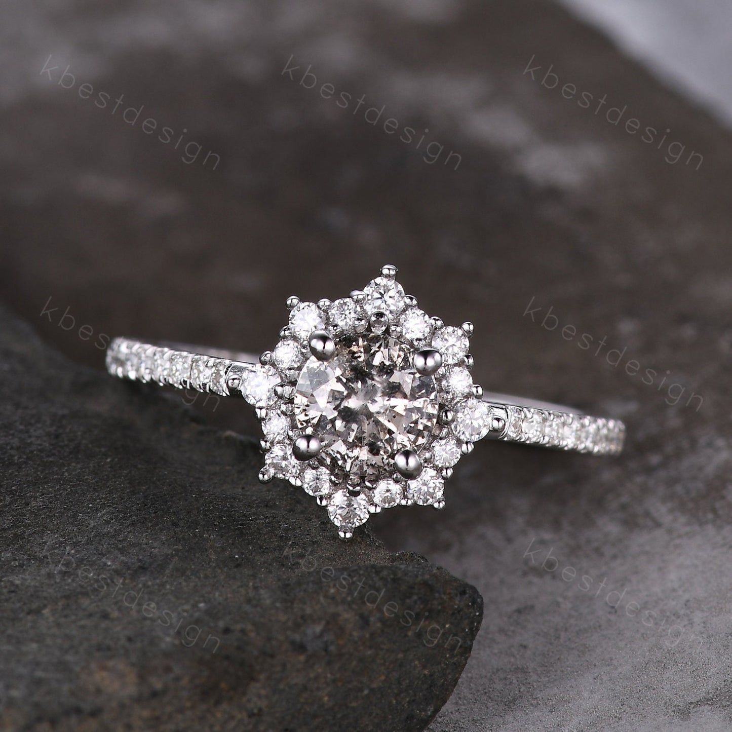 Dainty Salt and pepper diamond engagement ring unique diamond halo engagement ring art deco Bridal Wedding anniversary gift for women