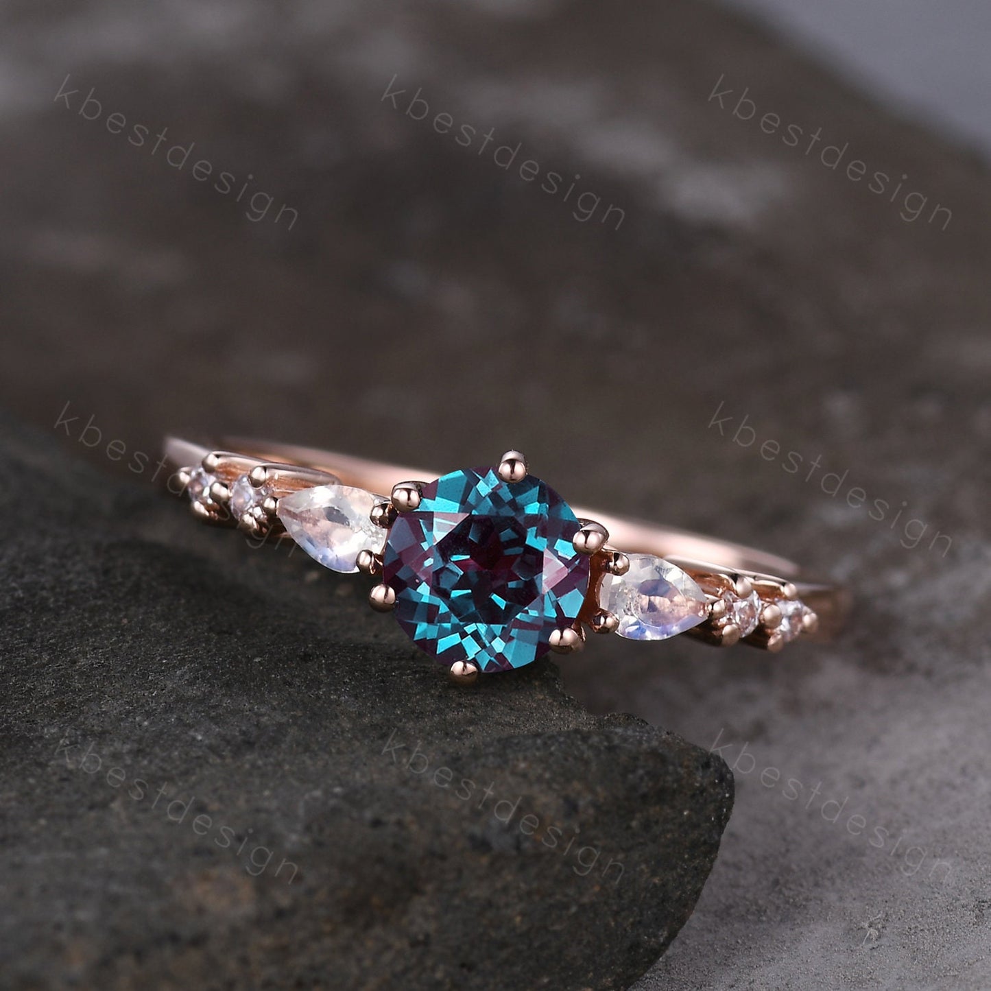 5mm round cut Alexandrite engagement ring rose gold ring unique pear shaped moonstone wedding ring June Birthstone ring promise ring