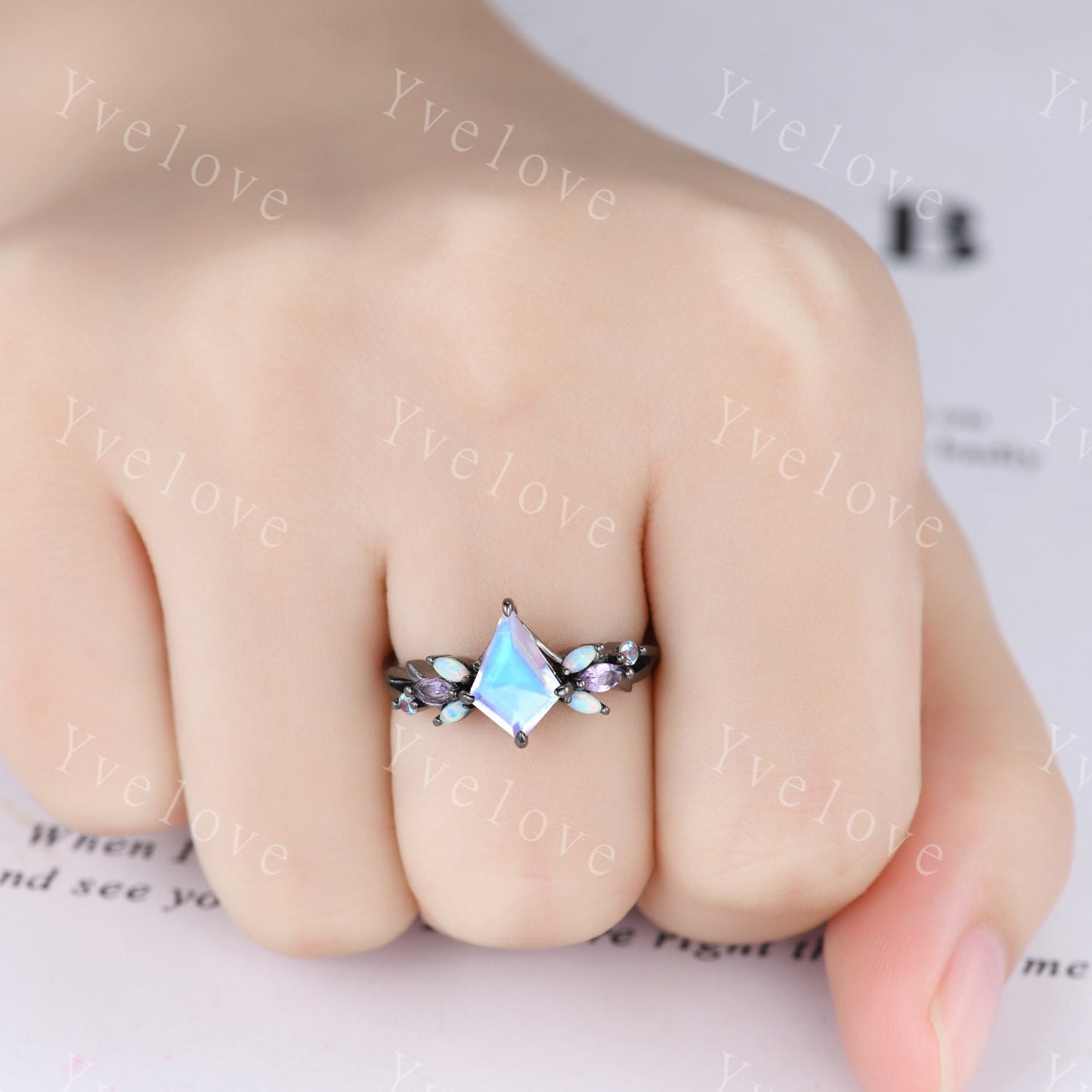 Vintage Kite Moonstone Engagement Ring Set,Black Gold,Vines Amethyst Opal Ring,Women Bridal Set,Unique Twig Anniversary Promise Ring Gift