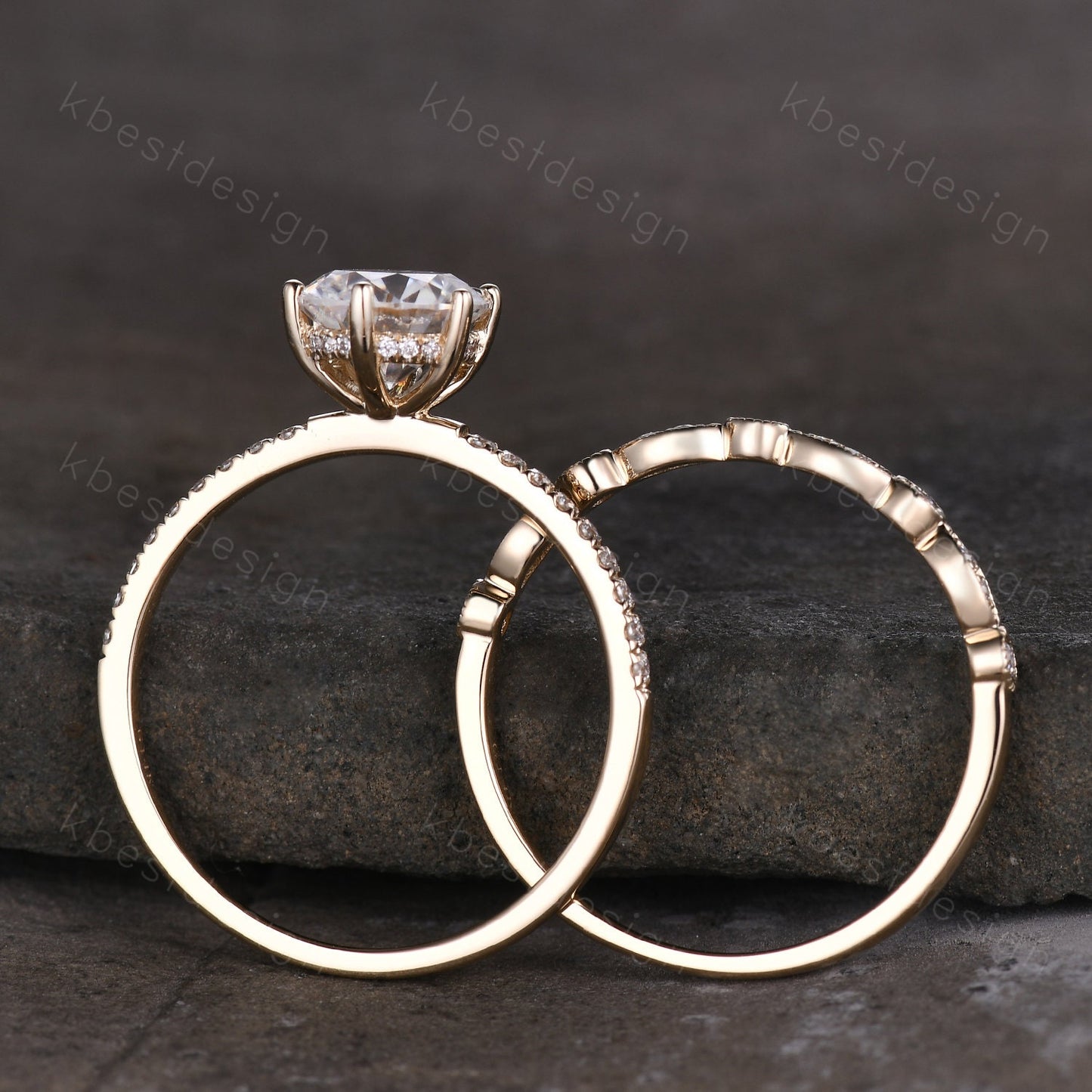 1.2ct round cut Moissanite engagement ring 14k yellow gold solitaire engagement ring art deco stacking matching band unique wedding ring set