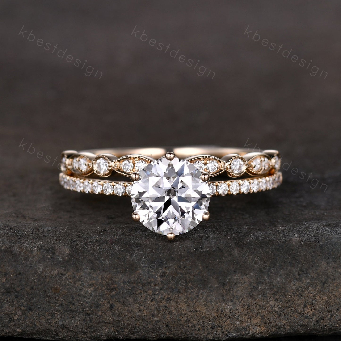 1.2ct round cut Moissanite engagement ring 14k yellow gold solitaire engagement ring art deco stacking matching band unique wedding ring set
