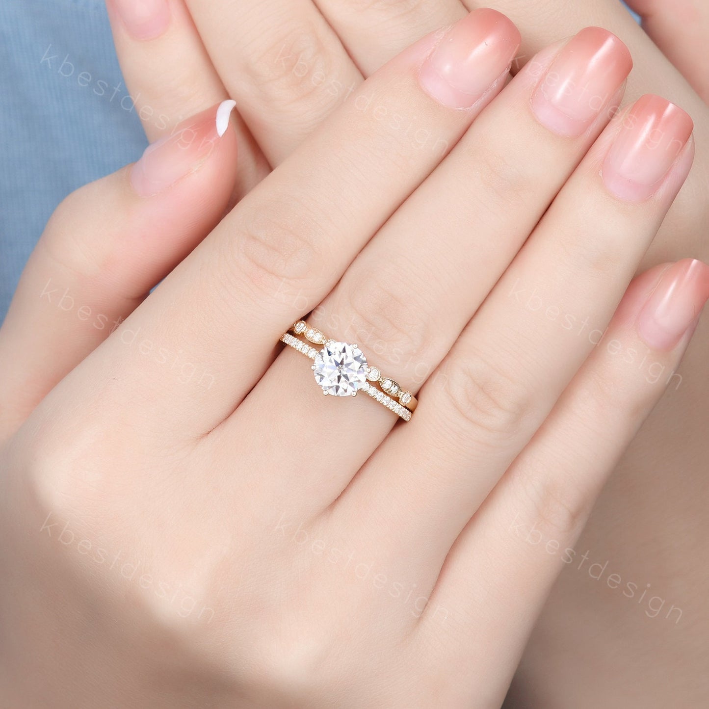 1.2ct round cut Moissanite engagement ring 14k yellow gold solitaire engagement ring art deco stacking matching band unique wedding ring set