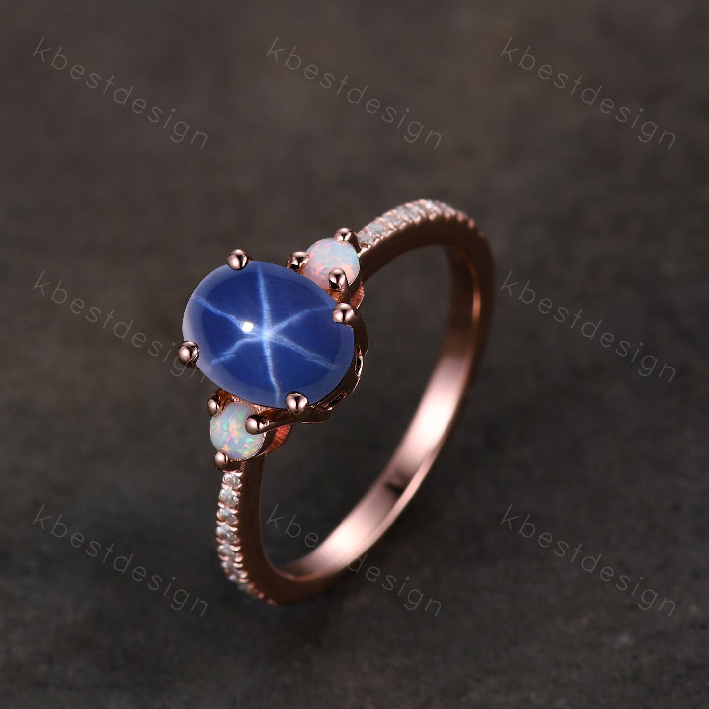 Star Sapphire Engagement Ring Oval Cut Galaxy Crystal Engagement Ring Rose Gold Opal Three stone Ring Unique Promise Ring September Ring