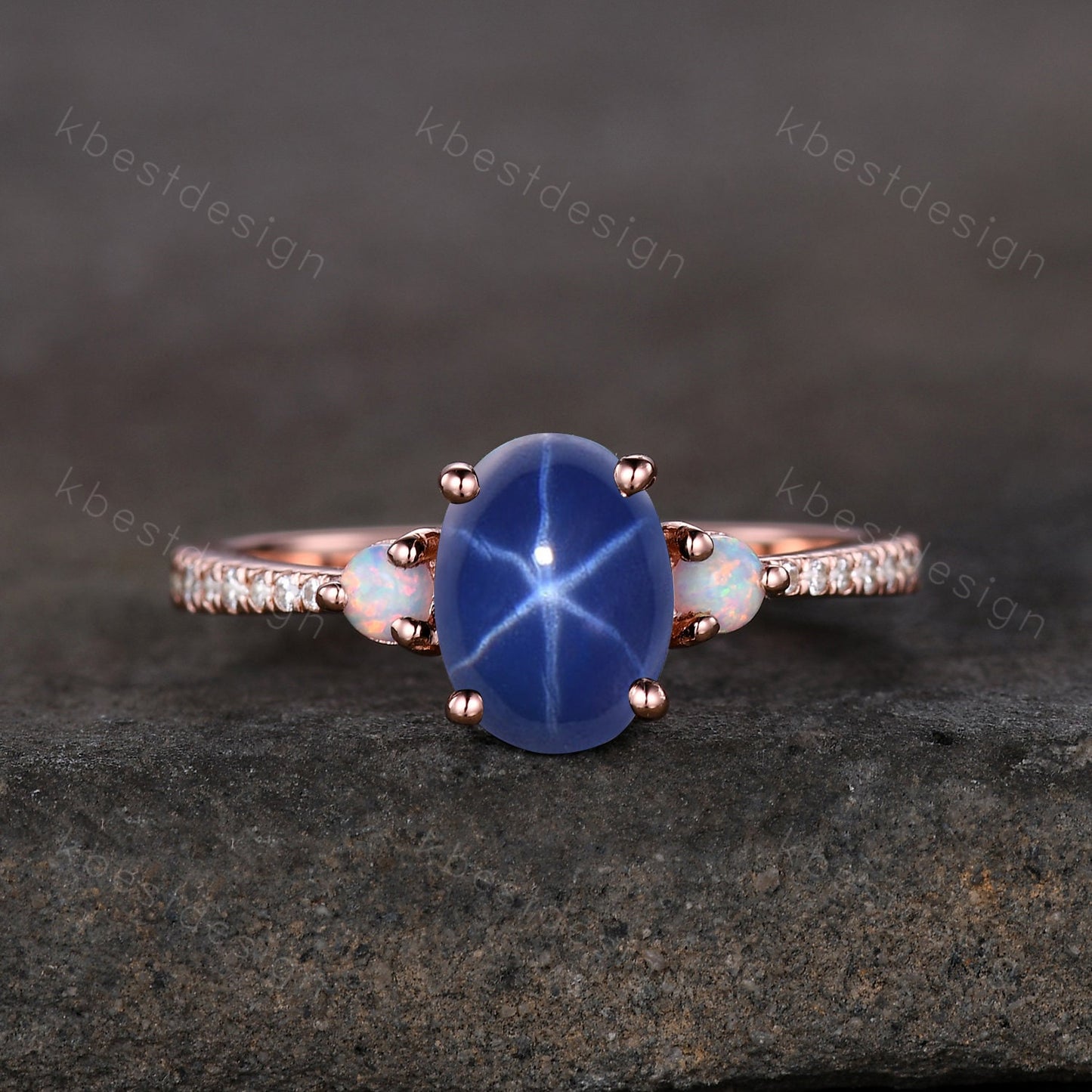 Star Sapphire Engagement Ring Oval Cut Galaxy Crystal Engagement Ring Yellow Gold Opal Three stone Ring Unique Promise Ring September Ring