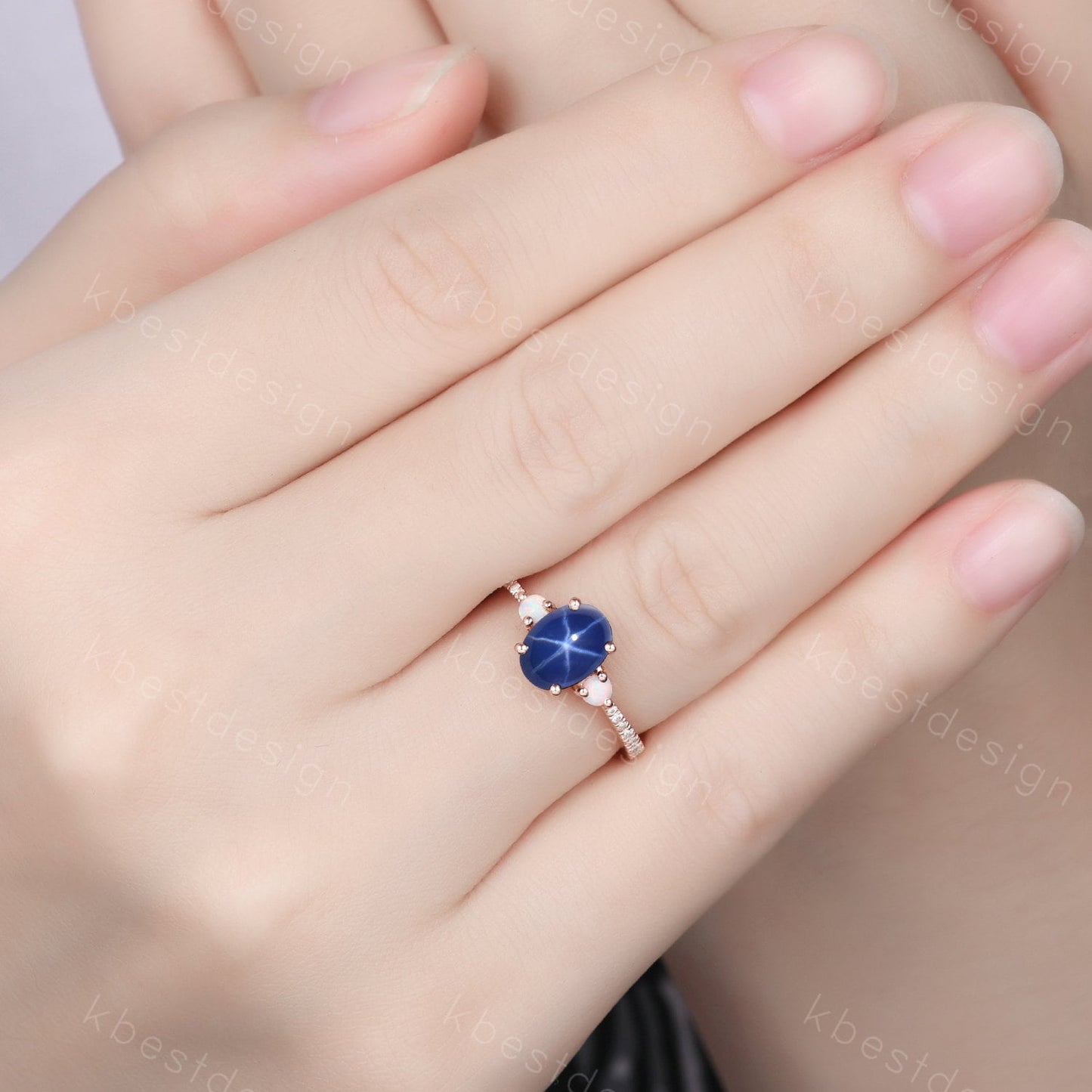 Star Sapphire Engagement Ring Oval Cut Galaxy Crystal Engagement Ring Rose Gold Opal Three stone Ring Unique Promise Ring September Ring