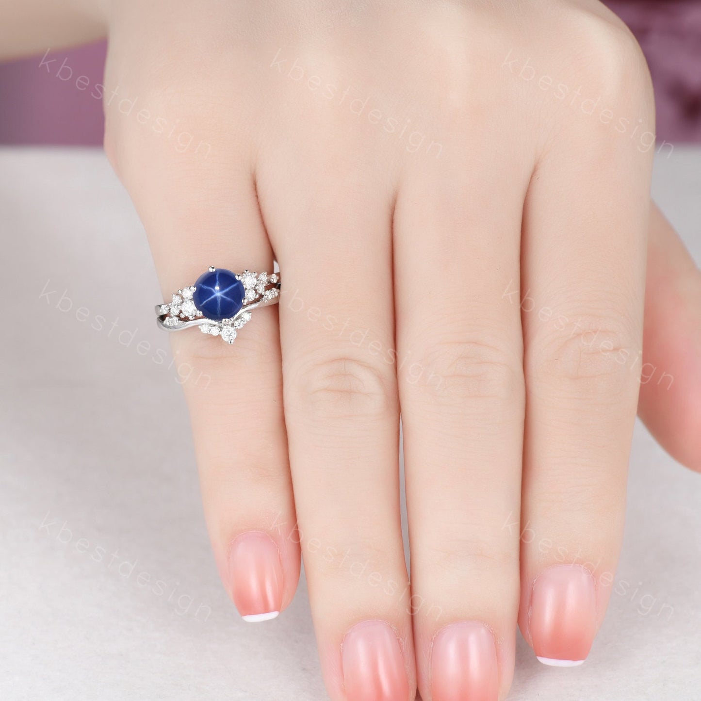 Unique Round Star Sapphire Engagement Ring set Women Sapphire Wedding Ring Cluster Blue Sapphire Ring Bridal Moissanite Wedding Ring