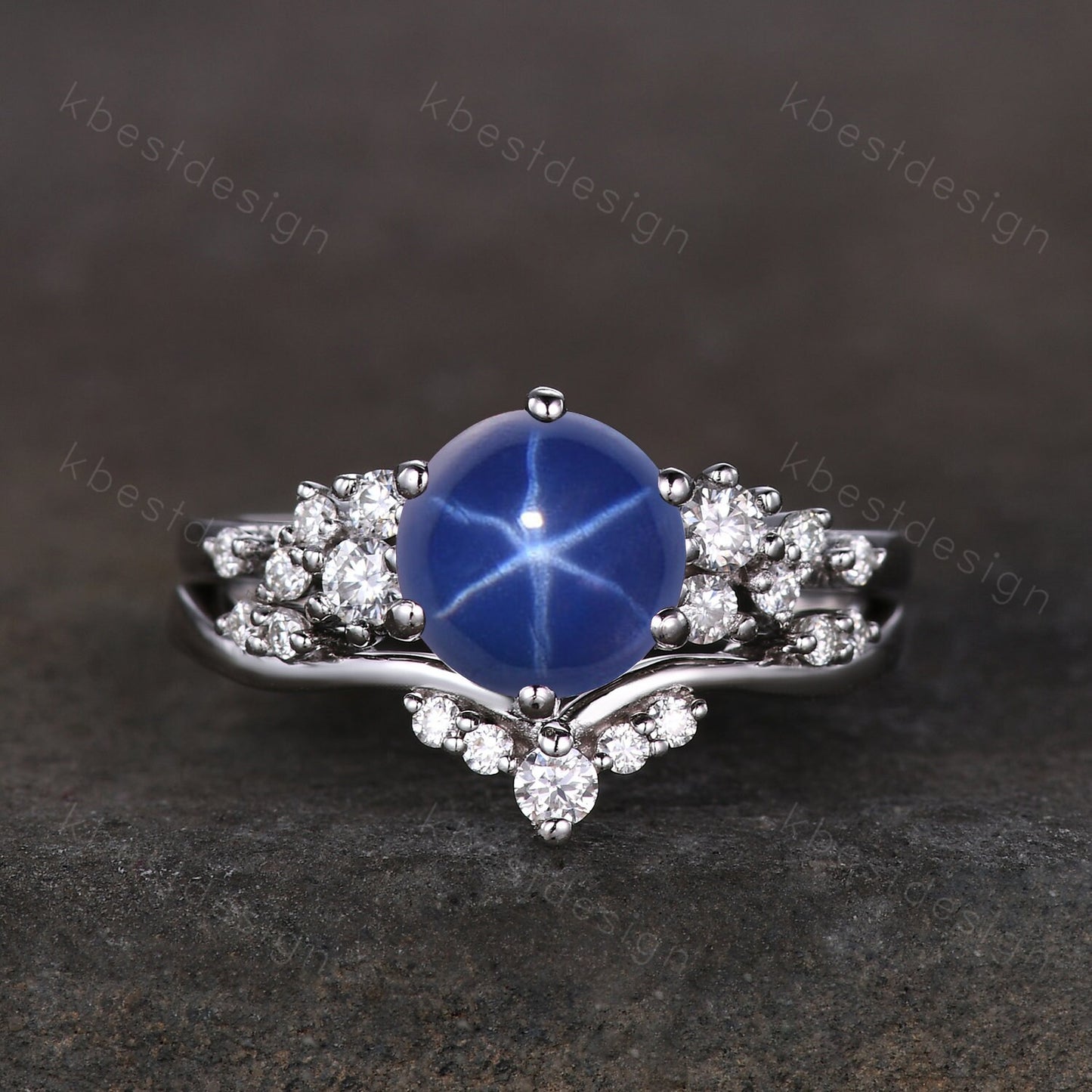 Unique Round Star Sapphire Engagement Ring set Women Sapphire Wedding Ring Cluster Blue Sapphire Ring Bridal Moissanite Wedding Ring