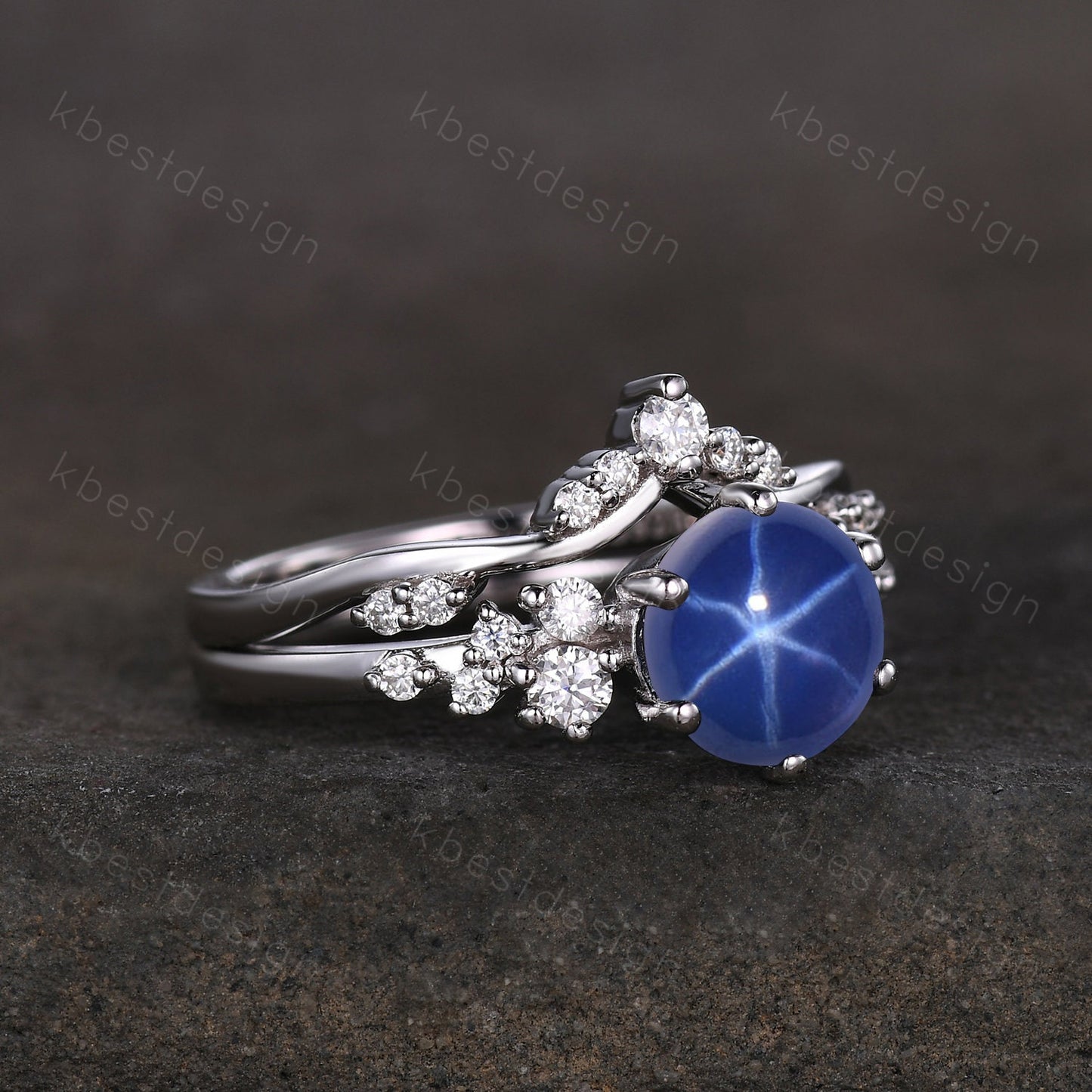 Unique Round Star Sapphire Engagement Ring set Women Sapphire Wedding Ring Cluster Blue Sapphire Ring Bridal Moissanite Wedding Ring