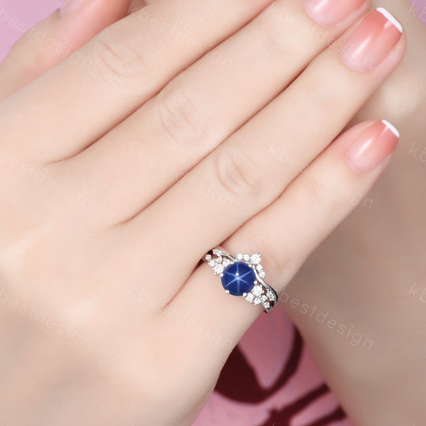 Unique Round Star Sapphire Engagement Ring set Women Sapphire Wedding Ring Cluster Blue Sapphire Ring Bridal Moissanite Wedding Ring