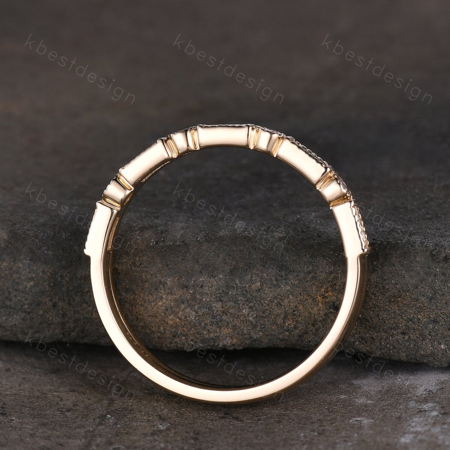 Vintage Moissanite wedding band women Baguette cut Half eternity band Yellow gold wedding band Unique Stacking Matching bridal promise ring