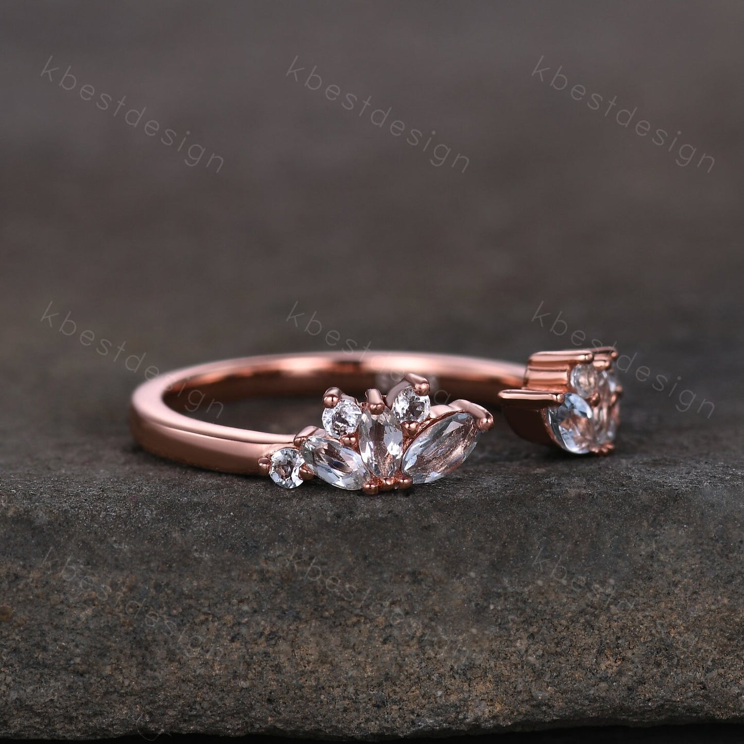 Delicate Aquamarine Wedding Band Rose Gold Open ring vintage petal wedding ring Delicate Stacking matching curved wedding band bridal ring