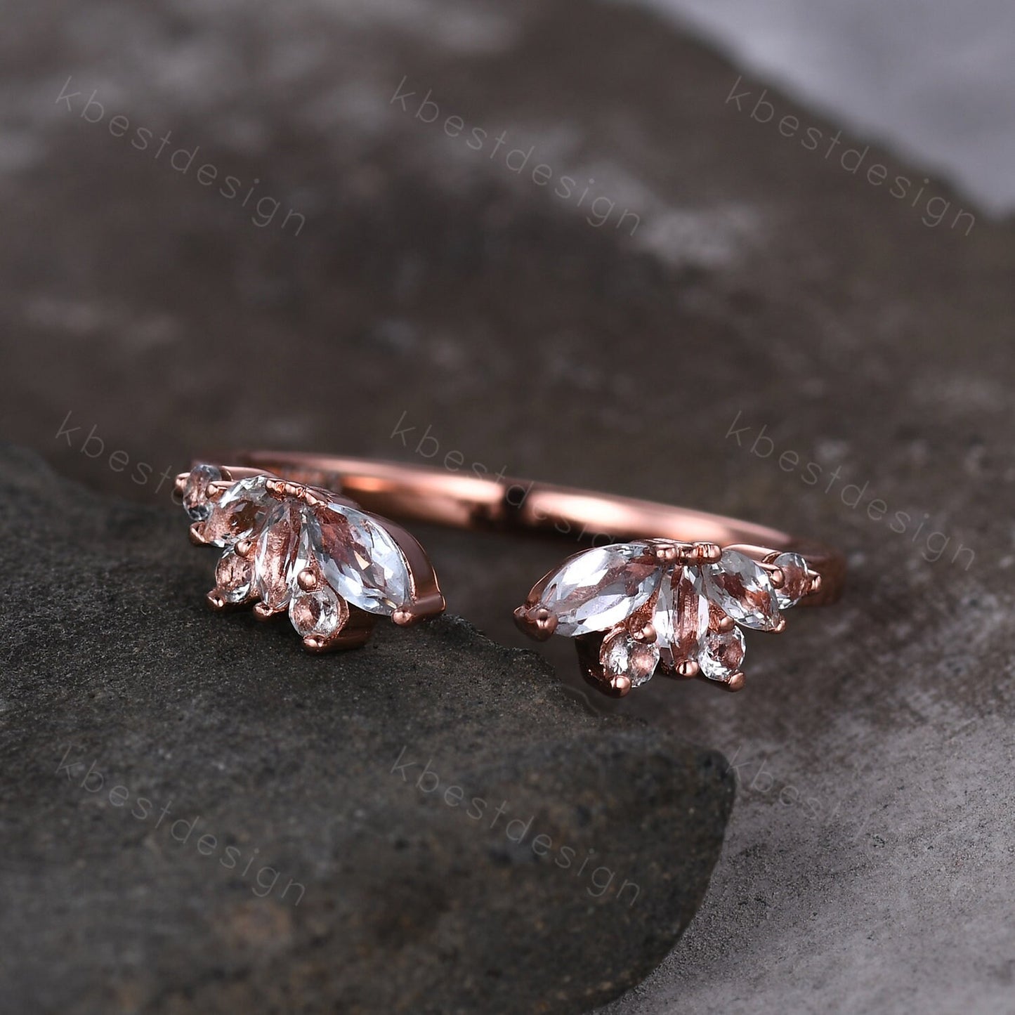 Delicate Aquamarine Wedding Band Rose Gold Open ring vintage petal wedding ring Delicate Stacking matching curved wedding band bridal ring