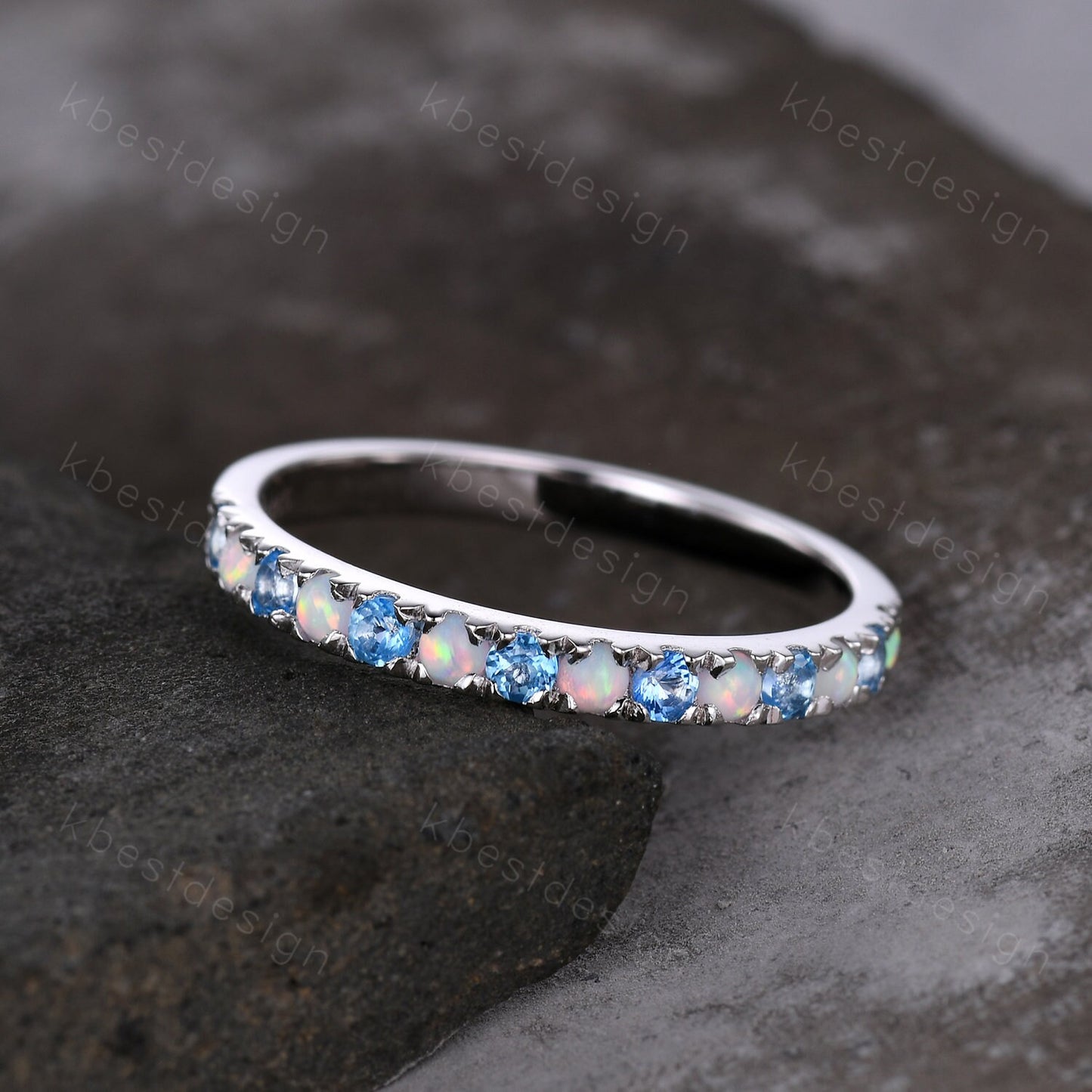 2mm Blue Topaz Wedding Band Sterling Silver Half Eternity Stacking Band Opal Wedding Band Women Matching Band Promise Anniversary Ring