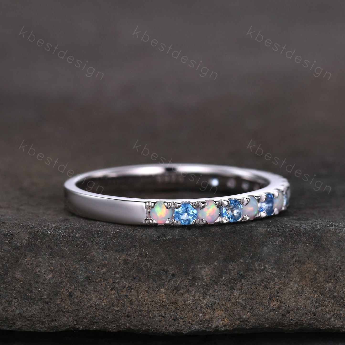 2mm Blue Topaz Wedding Band Sterling Silver Half Eternity Stacking Band Opal Wedding Band Women Matching Band Promise Anniversary Ring