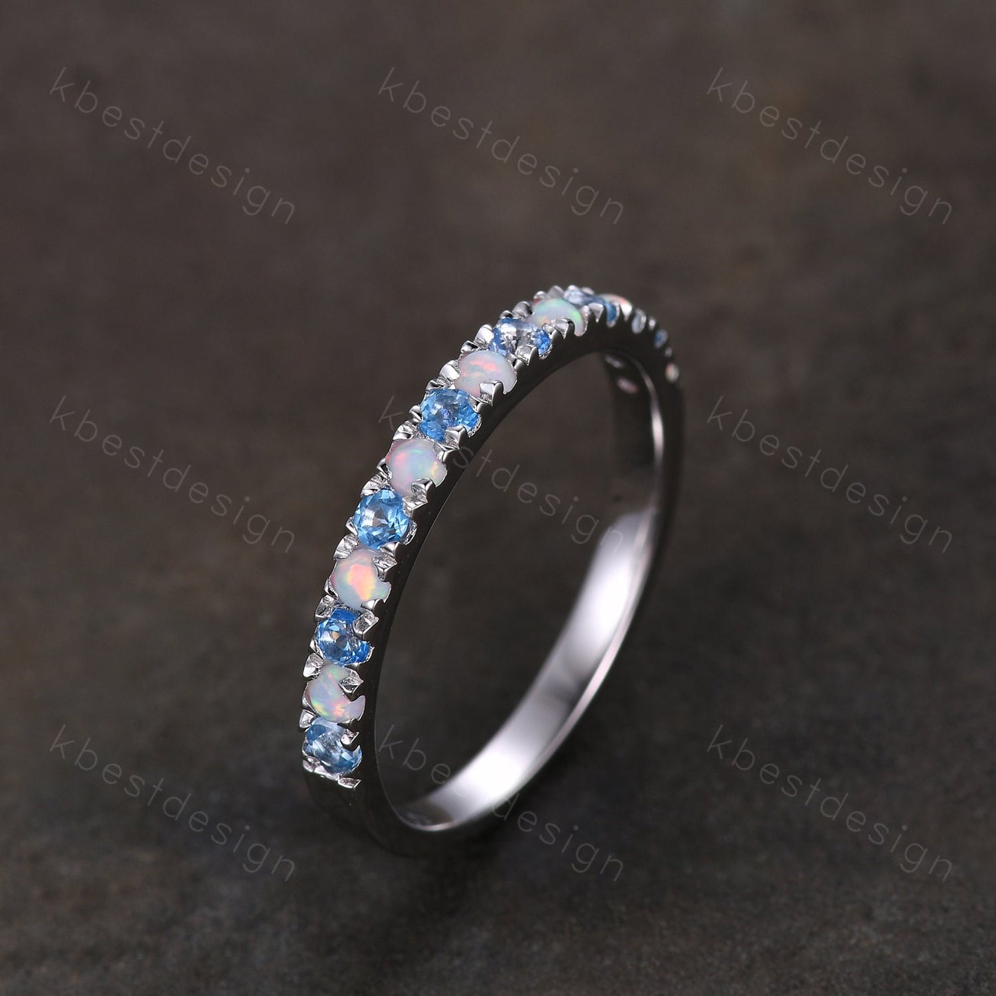 2mm Blue Topaz Wedding Band Sterling Silver Half Eternity Stacking Band Opal Wedding Band Women Matching Band Promise Anniversary Ring