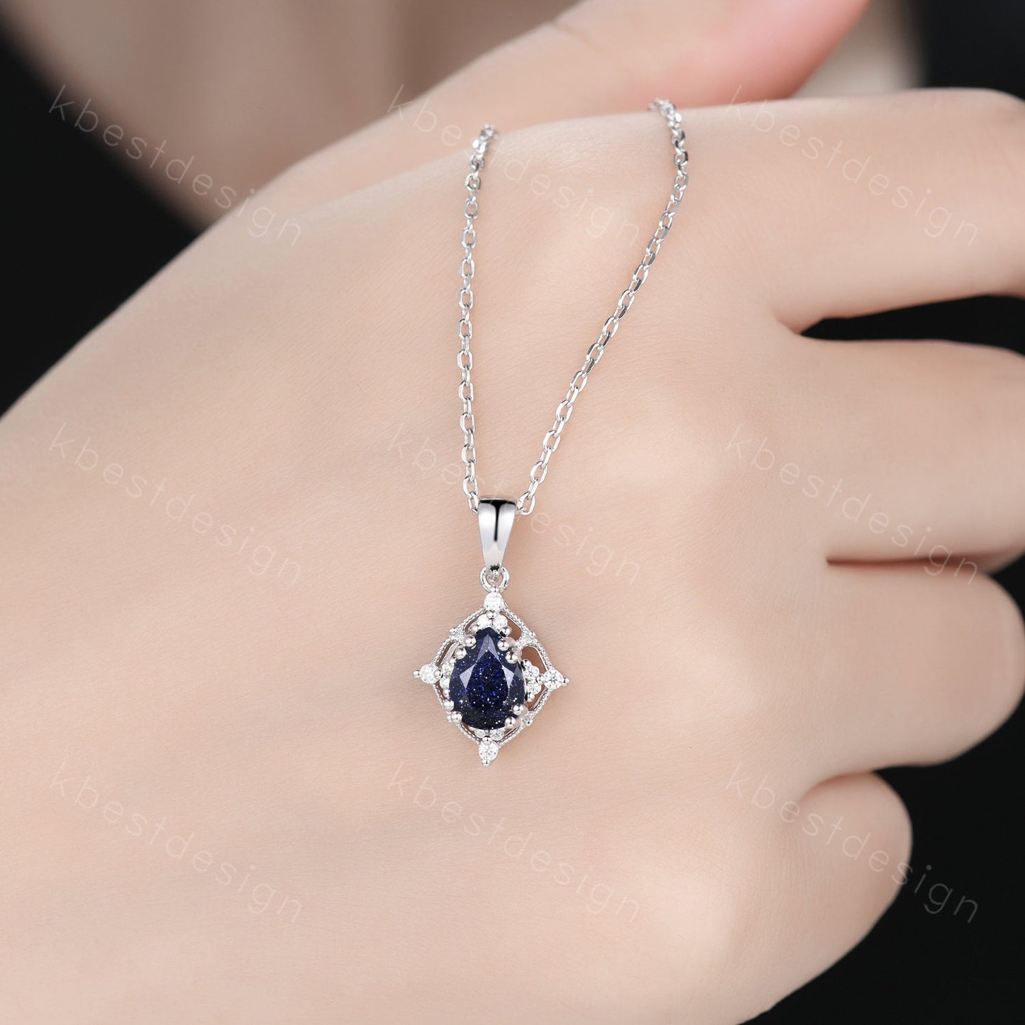 Antique Blue Sandstone Necklace Vintage Pear cut Galaxy Sandstone Pendant Women Silver Necklace Unique Moissanite Pendant Anniversary Gift