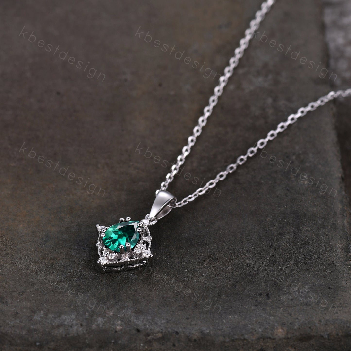Emerald Necklace, Women Silver Necklace, Vintage Birthstone Necklace, Pear Emerald Pendant, May Birthstone Jewelry, Gift for Her, Art Deco