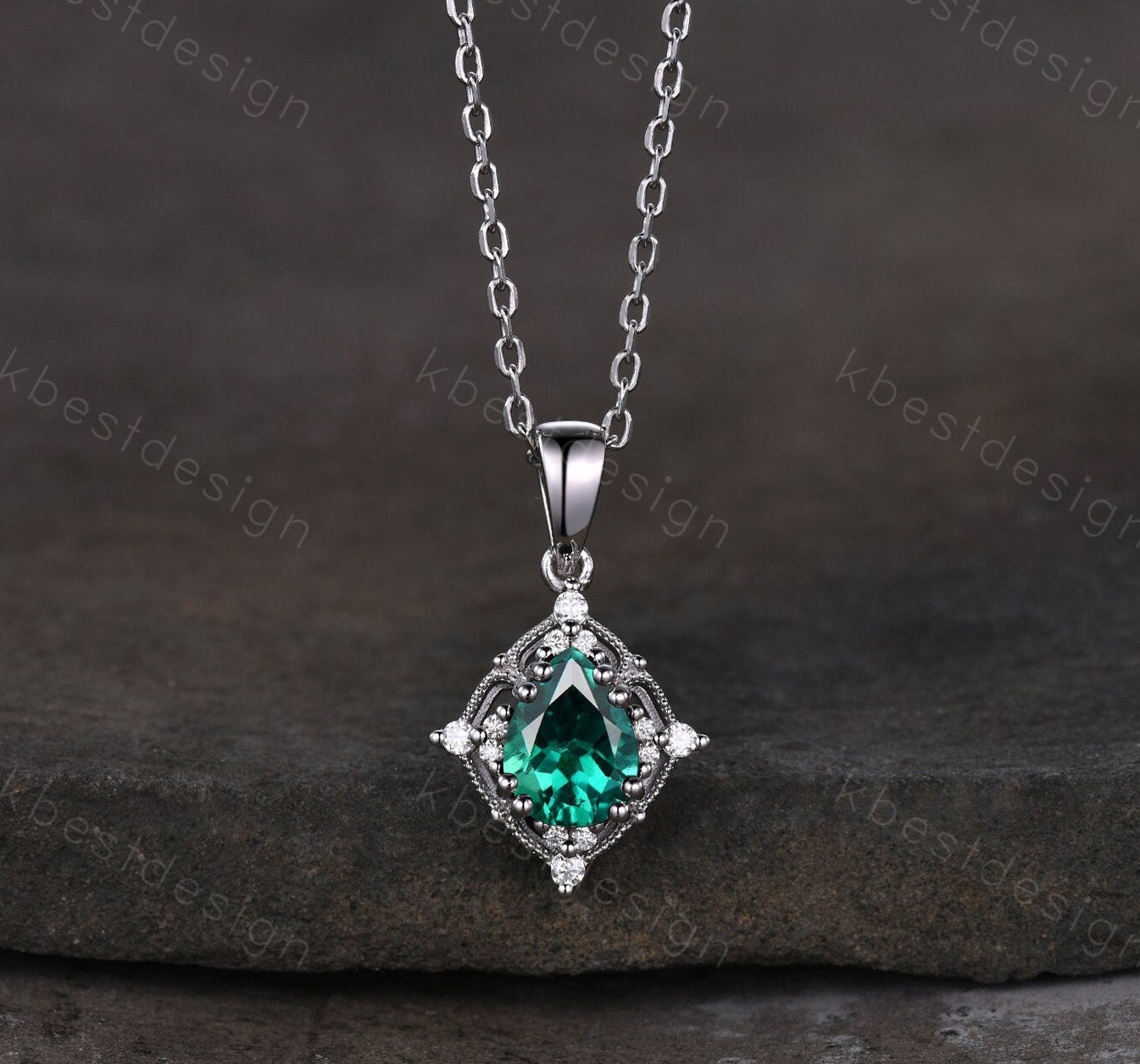 Emerald Necklace, Women Silver Necklace, Vintage Birthstone Necklace, Pear Emerald Pendant, May Birthstone Jewelry, Gift for Her, Art Deco