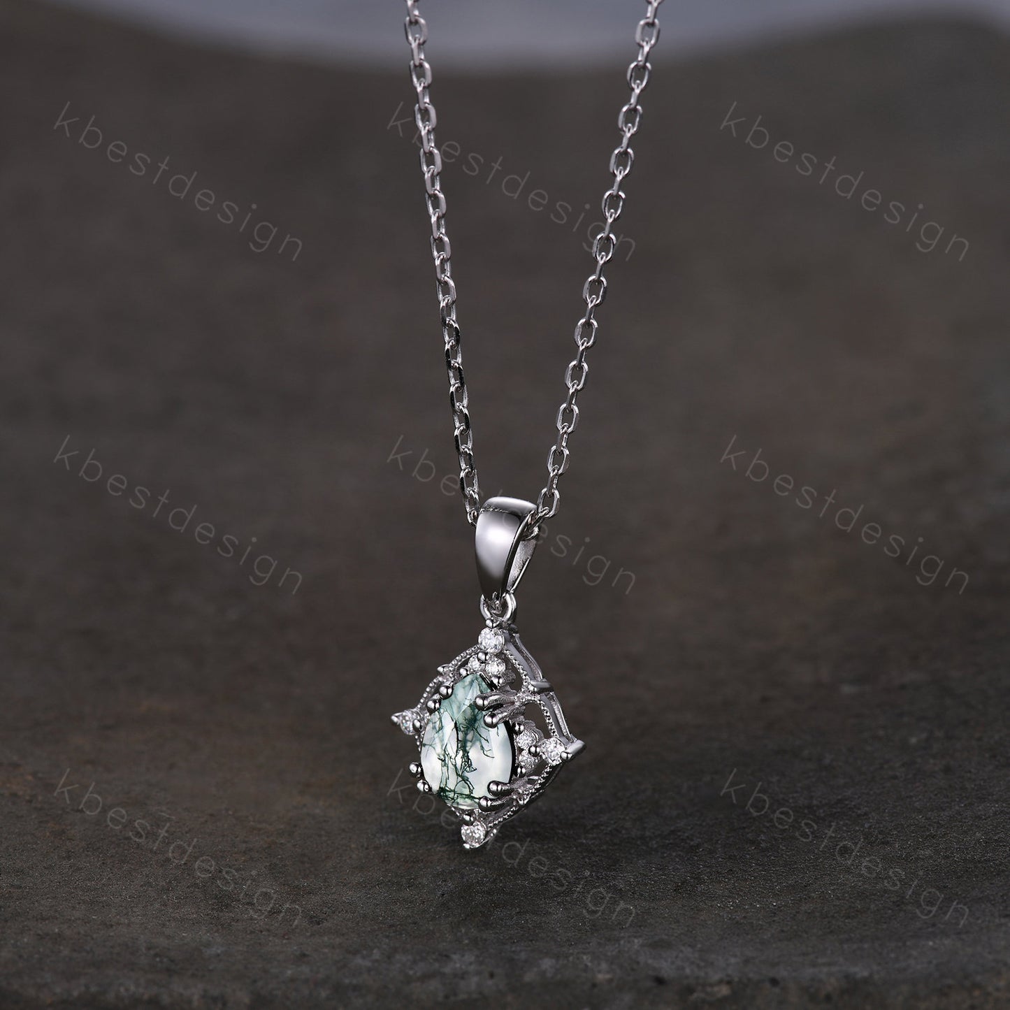 Pear cut natural moss agate necklace women sterling silver necklace pear cut green agate pendant unique art deco bridal promise gift