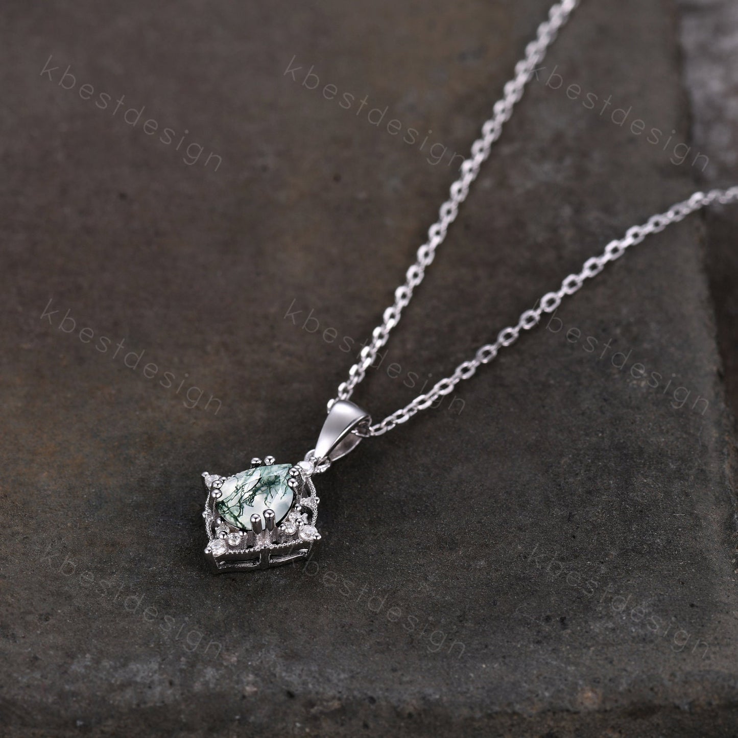 Pear cut natural moss agate necklace women sterling silver necklace pear cut green agate pendant unique art deco bridal promise gift