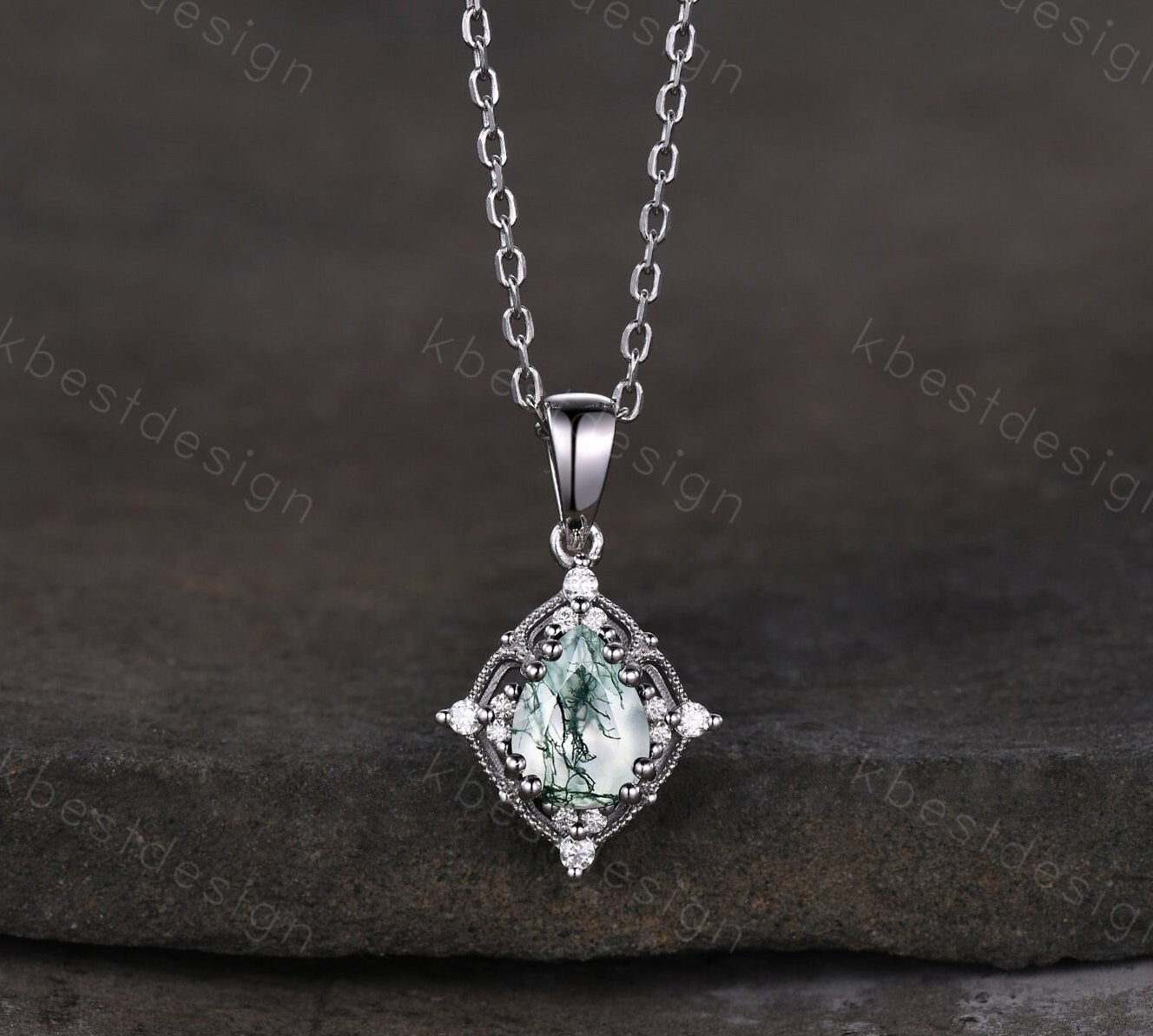 Pear cut natural moss agate necklace women sterling silver necklace pear cut green agate pendant unique art deco bridal promise gift