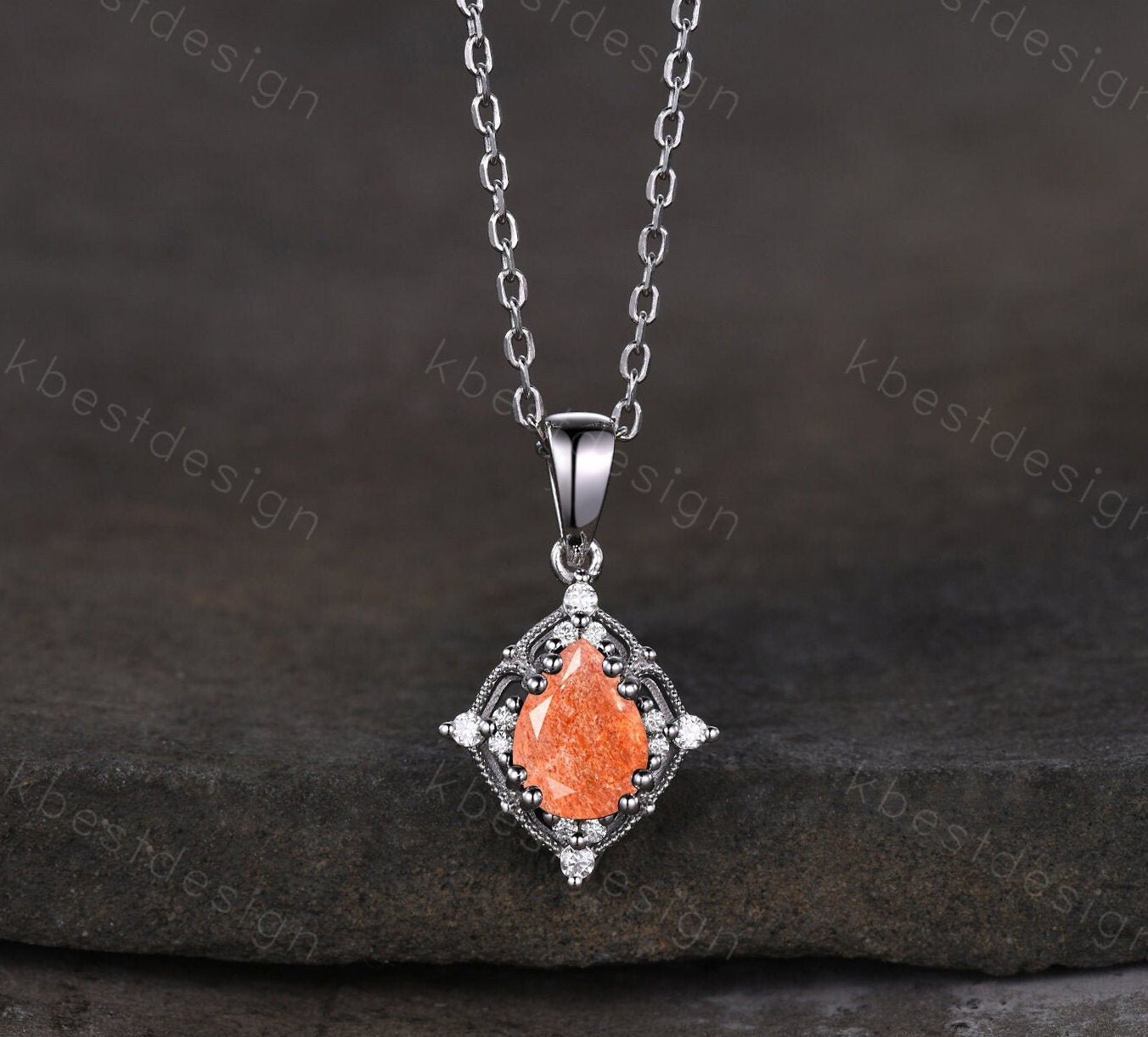 Pear cut Sunstone Necklace Antique Art Deco Moissanite Pendant Necklace 14K White Gold Necklace for Women Birthday/Promise Gift for Her