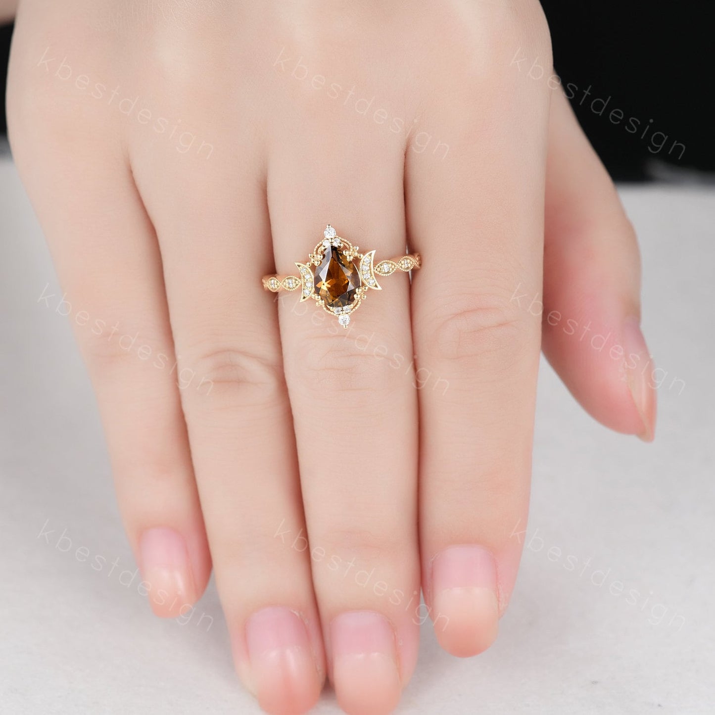 Vintage Smoky Quartz Engagement Ring Yellow Gold Pear cut Brown Quartz Ring Unique Moon Goddess Ring Art Deco Moissanite Bridal Promise Ring