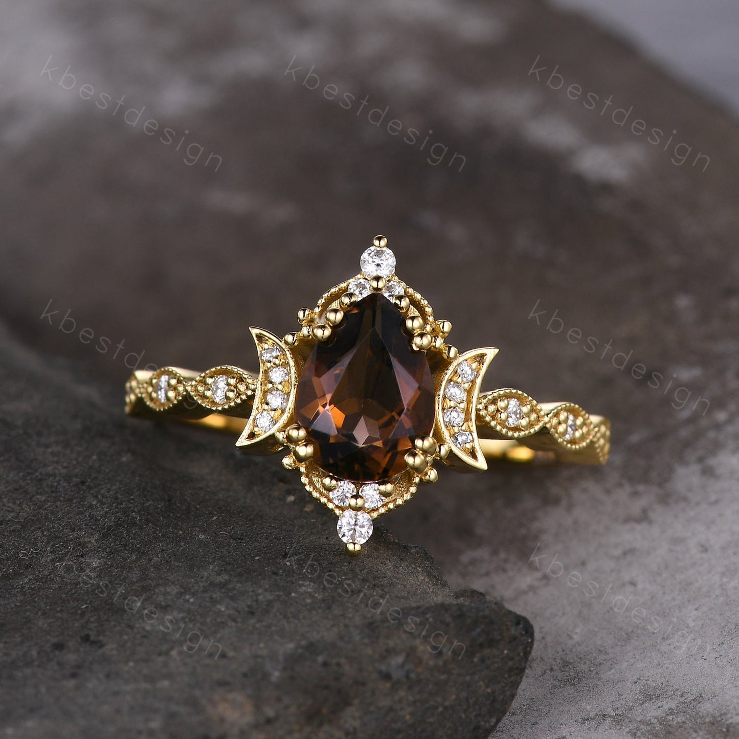 Vintage Smoky Quartz Engagement Ring Yellow Gold Pear cut Brown Quartz Ring Unique Moon Goddess Ring Art Deco Moissanite Bridal Promise Ring