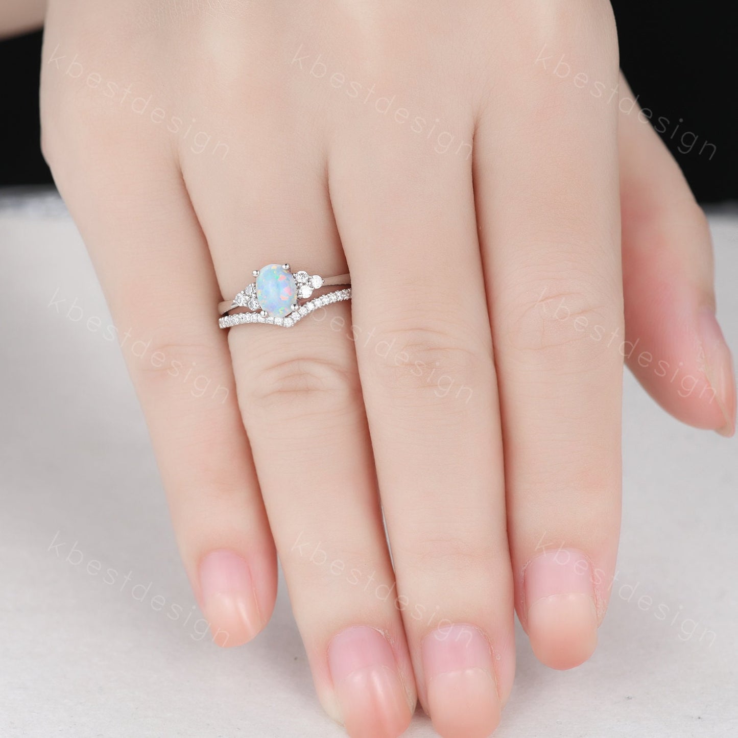 Dainty opal engagement ring set oval cut white fire opal bridal ring set curve stacking band opal jewelry unique moissanite wedding ring set