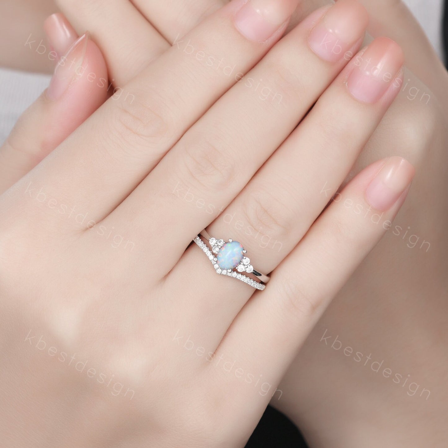 Dainty opal engagement ring set oval cut white fire opal bridal ring set curve stacking band opal jewelry unique moissanite wedding ring set
