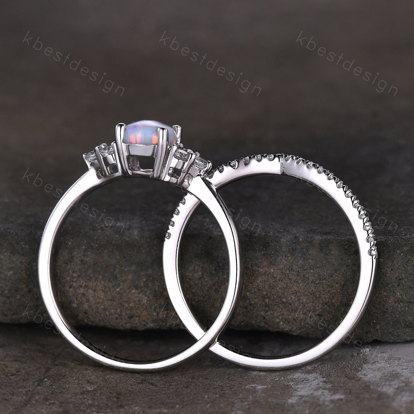 Dainty opal engagement ring set oval cut white fire opal bridal ring set curve stacking band opal jewelry unique moissanite wedding ring set
