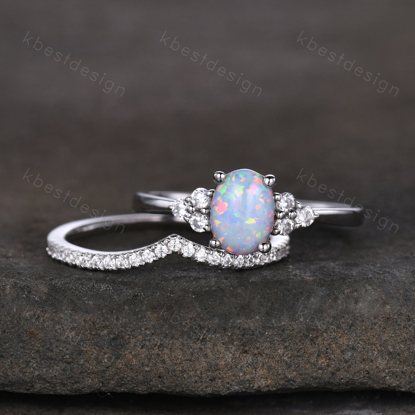 Dainty opal engagement ring set oval cut white fire opal bridal ring set curve stacking band opal jewelry unique moissanite wedding ring set