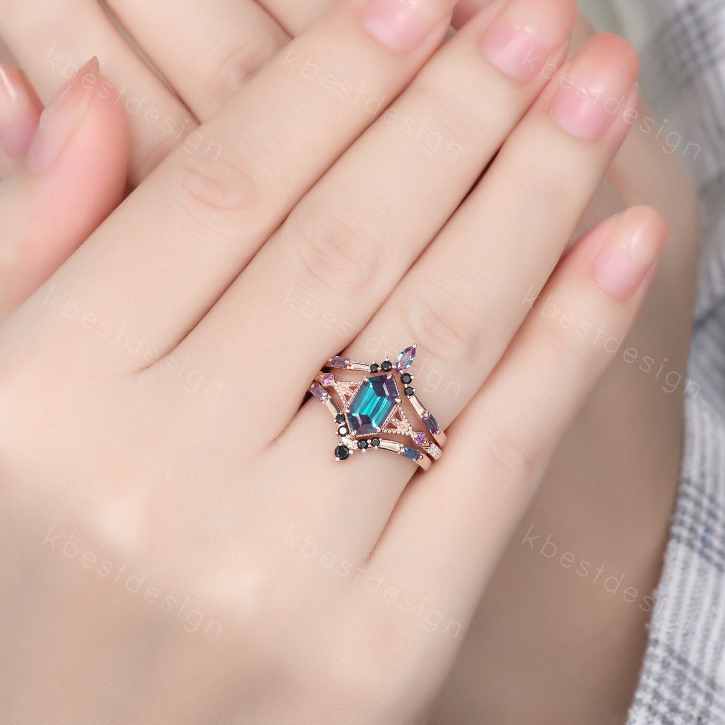 Antique Alexandrite Engagement Ring Set Hexagon cut Engagement Ring Unique Art Deco Black Spinel Stacking Matching Band Bridal Promise Set
