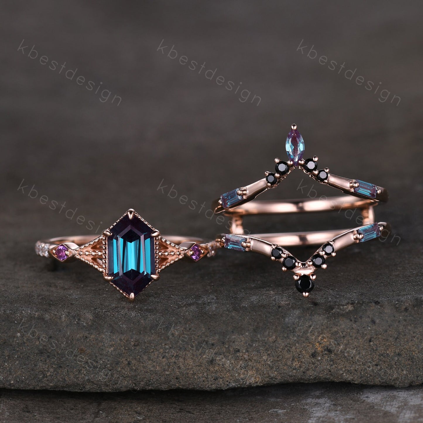 Antique Alexandrite Engagement Ring Set Hexagon cut Engagement Ring Unique Art Deco Black Spinel Stacking Matching Band Bridal Promise Set