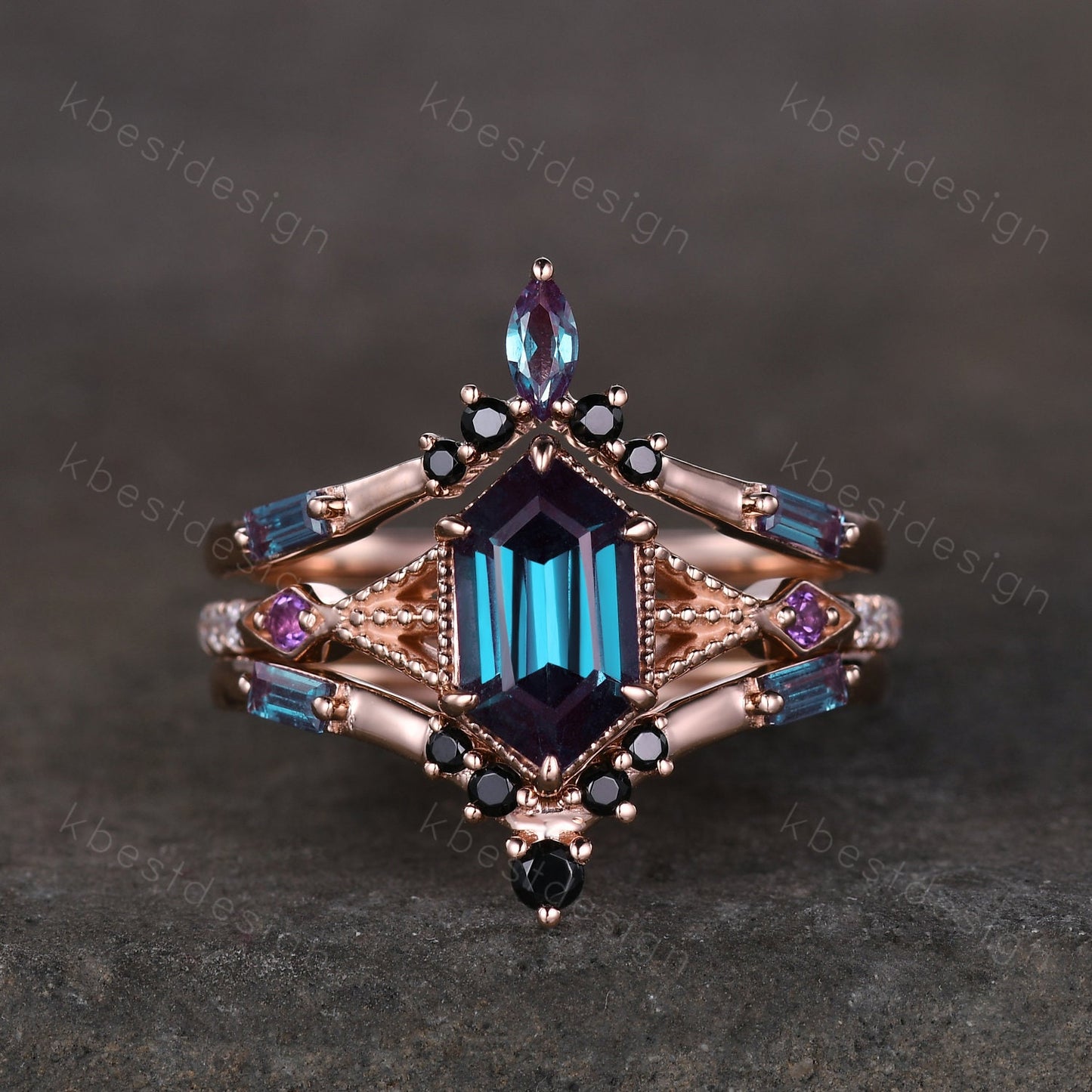 Antique Alexandrite Engagement Ring Set Hexagon cut Engagement Ring Unique Art Deco Black Spinel Stacking Matching Band Bridal Promise Set