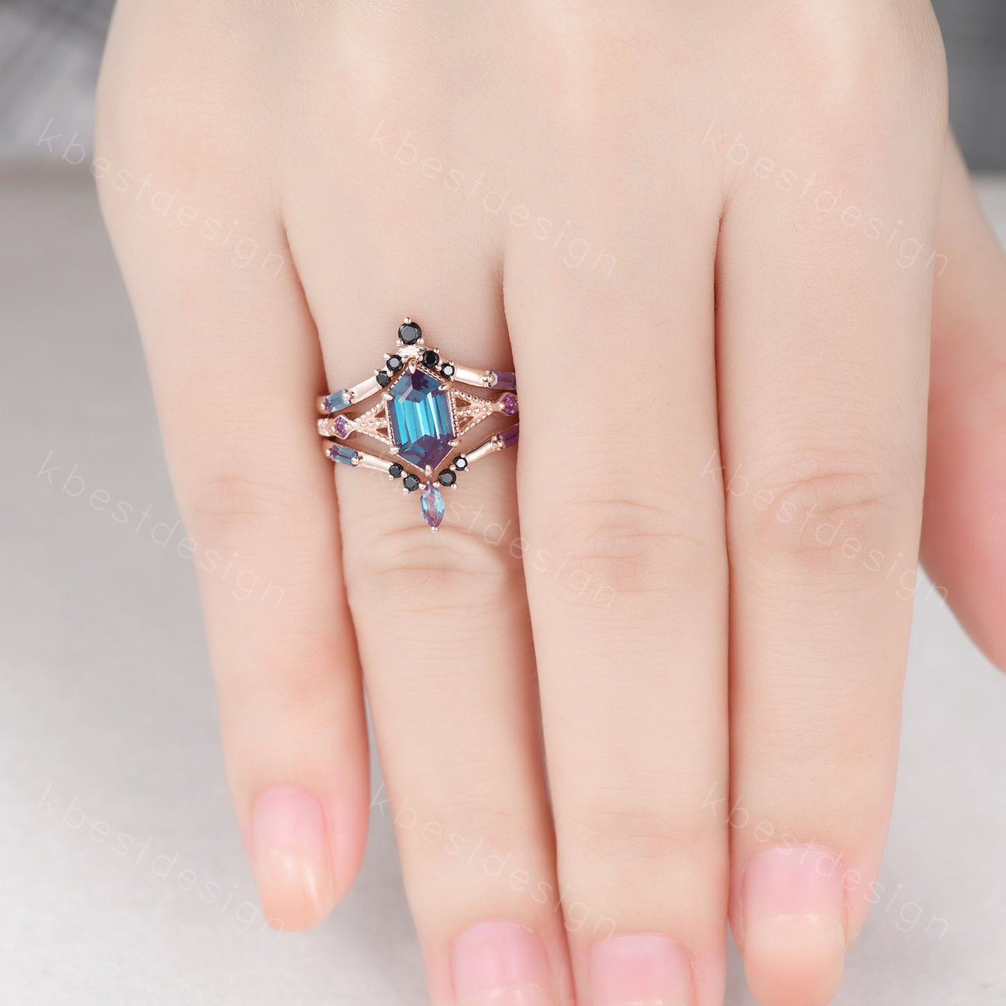 Antique Alexandrite Engagement Ring Set Hexagon cut Engagement Ring Unique Art Deco Black Spinel Stacking Matching Band Bridal Promise Set