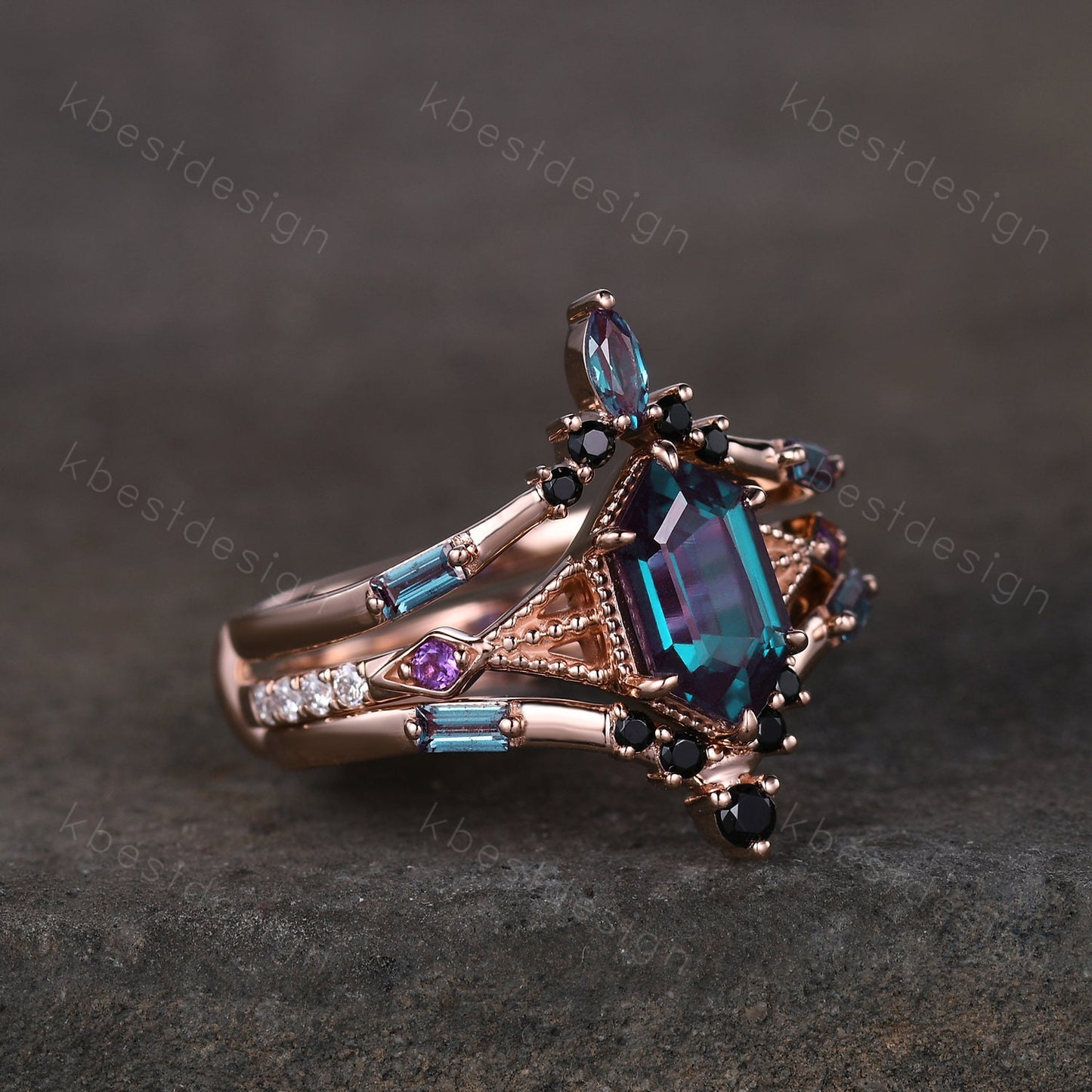 Antique Alexandrite Engagement Ring Set Hexagon cut Engagement Ring Unique Art Deco Black Spinel Stacking Matching Band Bridal Promise Set